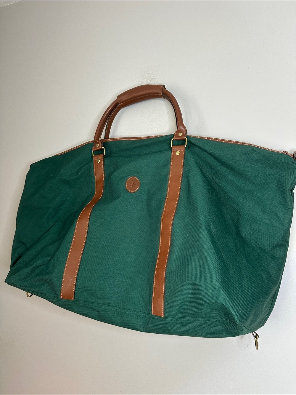 Ralph Lauren Green Canvas Weekender Bag with Brown Faux Leather Trim